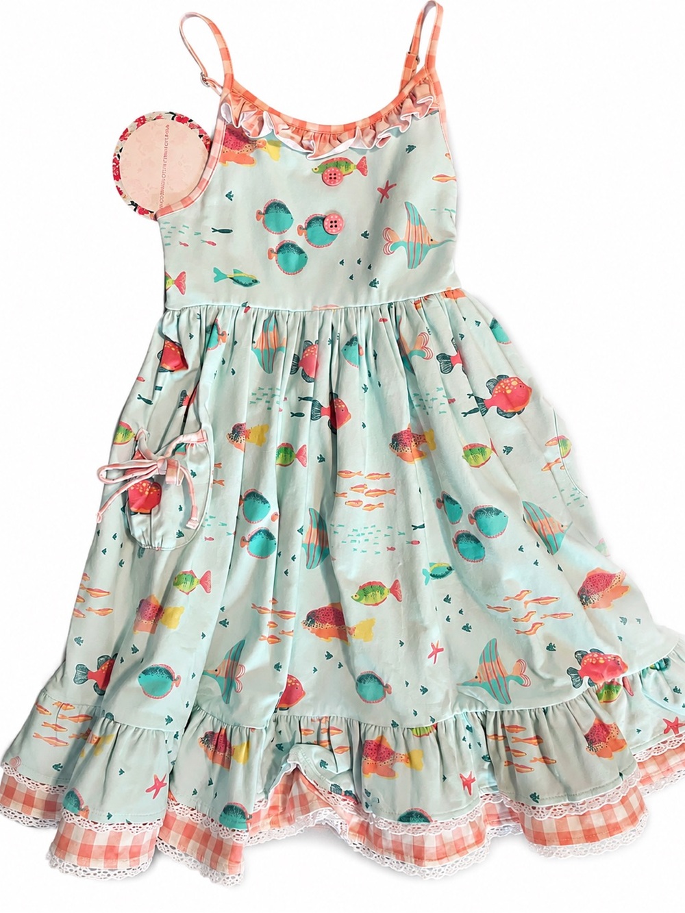 Love Millie Girls' Aqua Sea Life Sundress with Coral Trim size 7